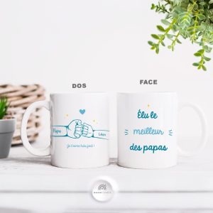 Mug personnalisé fête des pères – Meilleur papa et mains jusqu’à 4 enfants – Cadeau unique avec prénoms